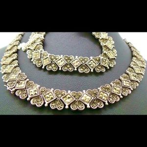 STERLING SILVER SET MARCASITE HEARTS NECKLACE & BRACELET